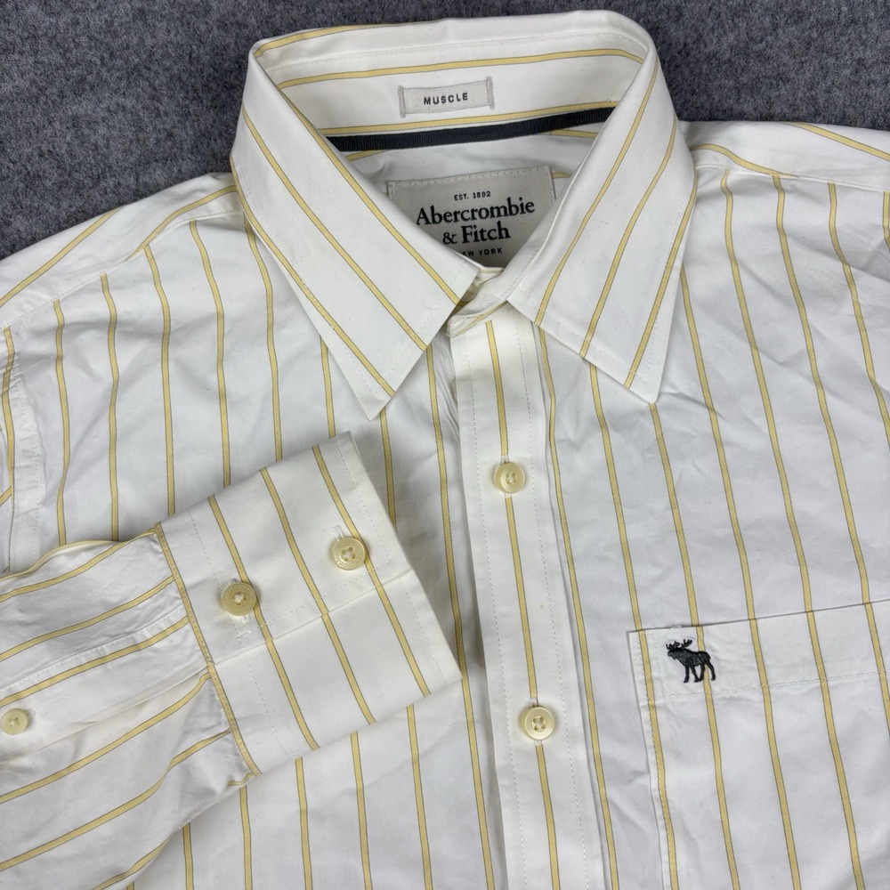 Abercrombie & Fitch Muscle Shirt‎ Mens Medium White Yellow Striped Button Down